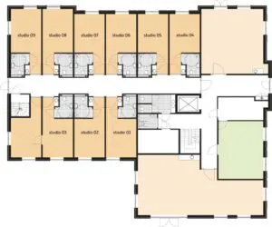 De plattegrond van de begane grond van Het Abtswoudehuis in Delft voor mensen met dementie