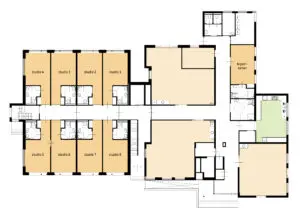 De plattegrond van de begane grond van Het Revelsanthuis in Emmeloord voor mensen met dementie