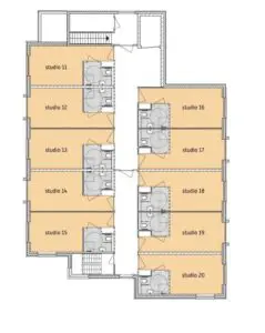 De plattegrond van de eerste verdieping van Het Socrateshuis in Apeldoorn voor mensen met dementie