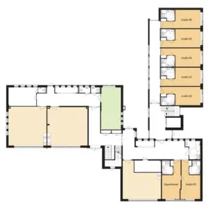 De plattegrond van de begane grond van Het Stevenfennehuis in Enschede voor mensen met dementie