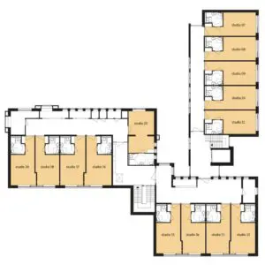 De plattegrond van de eerste verdieping van Het Stevenfennehuis in Enschede voor mensen met dementie