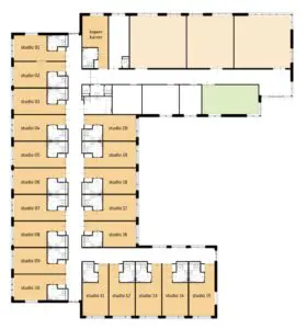 De plattegrond van de begane grond van Het Zanddonkhuis in Beuningen voor mensen met dementie