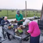 Verzorgende IG Ans Meijerink verzorgt samen met bewoners van Dagelijks Leven de plantjes aan de tuintafel