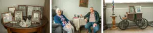 Bewoonster samen met zoon in haar studio in Het Prins Claushuis. Ze zitten aan tafel en lachen naar de camera