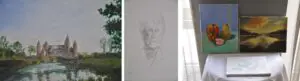 Schilderijen geschilderd door een bewoonster van Het Hyacintenhuis in Vlissingen, die in het huis haar eigen expositie opende. We zien een landelijk stilleven, een getekend portret en een stilleven van een appel en een peer
