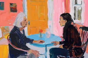 Een mevrouw met dementie en haar dochter zitten thuis aan tafel. Ze hebben een gesprek over dementie. Illustratie bij een artikel over praten met een naaste met dementie.