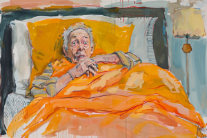 Een bewoonster met dementie zit angstig in bed. Ze heeft een terminaal delier. De bewoonster is in de stervensfase