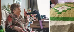 De bewoner in haar studio in de kleinschalige woonzorglocatie van Dagelijks Leven in Bergen op Zoom, Het Warandehuis. Daarnaast een foto van het kleed dat zij samen met de handwerkclub maakte, voor de uitgeleide van overleden bewoners.