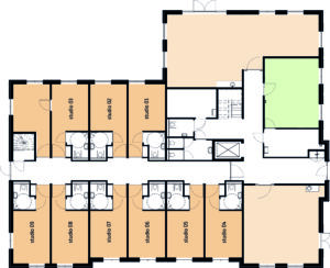 De plattegrond van de begane grond van Het Blaauwhofhuis in Joure voor mensen met dementie