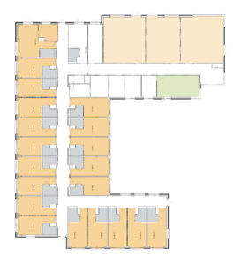 De plattegrond van de begane grond van Het Boomgaardhuis in Geldermalsen voor mensen met dementie