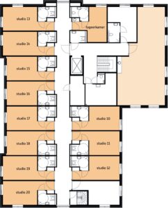De plattegrond van de eerste verdieping van Het Hoevehuis in Terneuzen voor mensen met dementie