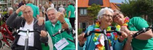 Vrijwilligers en verwanten samen met bewoners met dementie op de duofiets tijdens een sponsortocht bij Dagelijks Leven