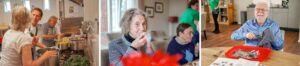 Maaltijdbeleving bij Dagelijks Leven: bewoners helpen de kok met het bereiden van het eten, genieten gezamenlijk aan tafel van de maaltijd en wassen samen af. 