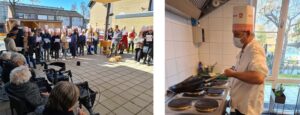 Pannenkoekdag bij Het Warandehuis. Leerlingen zingen in de tuin voor de bewoners en de kok bakt pannenkoeken in de keuken. 