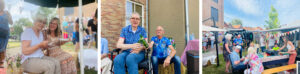 Drieluik met foto's van het tuinfestival van Het Prins Hendrikhuis in Winterswijk. De woonzorglocatie voor mensen met dementie vierde het vijfjarig bestaan. Op de linkerfoto een bewoonster met haar dochter aan een hapje, op de middelste foto proost een bewoner met een verwant en op de foto rechts zien we een overzicht van het tuinfestival. 