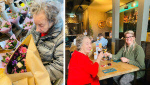 Kelly op stap met een bewoonster met dementie, om te vieren dat ze haar diploma verpleegkunde heeft gehaald. Samen winkelen en gezellig samen lunchen. Op de eerste foto zien we de bewoonster tijdens het kopen van een bosje bloemen. Op de tweede foto zitten ze samen aan tafel, ze proosten. 