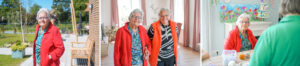 Drieluik foto's van bewoonster van Het Snijdelhuis, kleinschalige woonvoorziening voor dementiezorg in Boskoop. Links staat ze in de dementievriendelijke tuin, in het midden in de woonkamer, samen met een vriendin die ze gemaakt heeft in Het Snijdelhuis en rechts zien we haar in de activiteitenruimte tijdens een activiteit, 