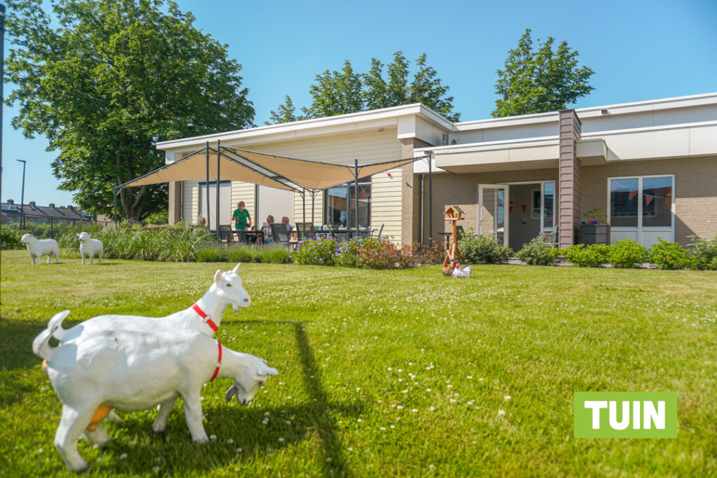 Een foto van de tuin van Het Drostenhuis van Dagelijks Leven waar mensen met dementie kleinschalig en betaalbaar wonen in een particuliere zorginstelling