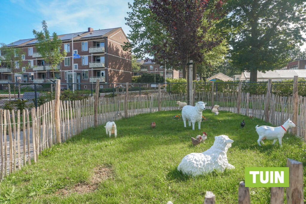 Een foto van een deel van de tuin van Het Gofferthuis van Dagelijks Leven waar mensen met dementie kleinschalig en betaalbaar wonen in een particuliere zorginstelling