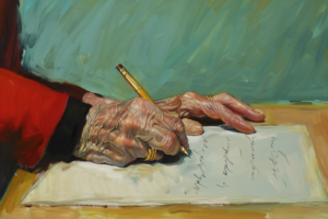 Een schilderij van twee handen van iemand met dementie. Ze zetten een handtekening op een wilsverklaring.