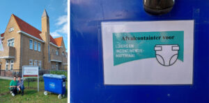 Locatiemanager Hendrika en verzorgende IG Nancy bij de container voor incontinentiemateriaal op de parkeerplaats van Het Langenlindenhuis in Boxtel.